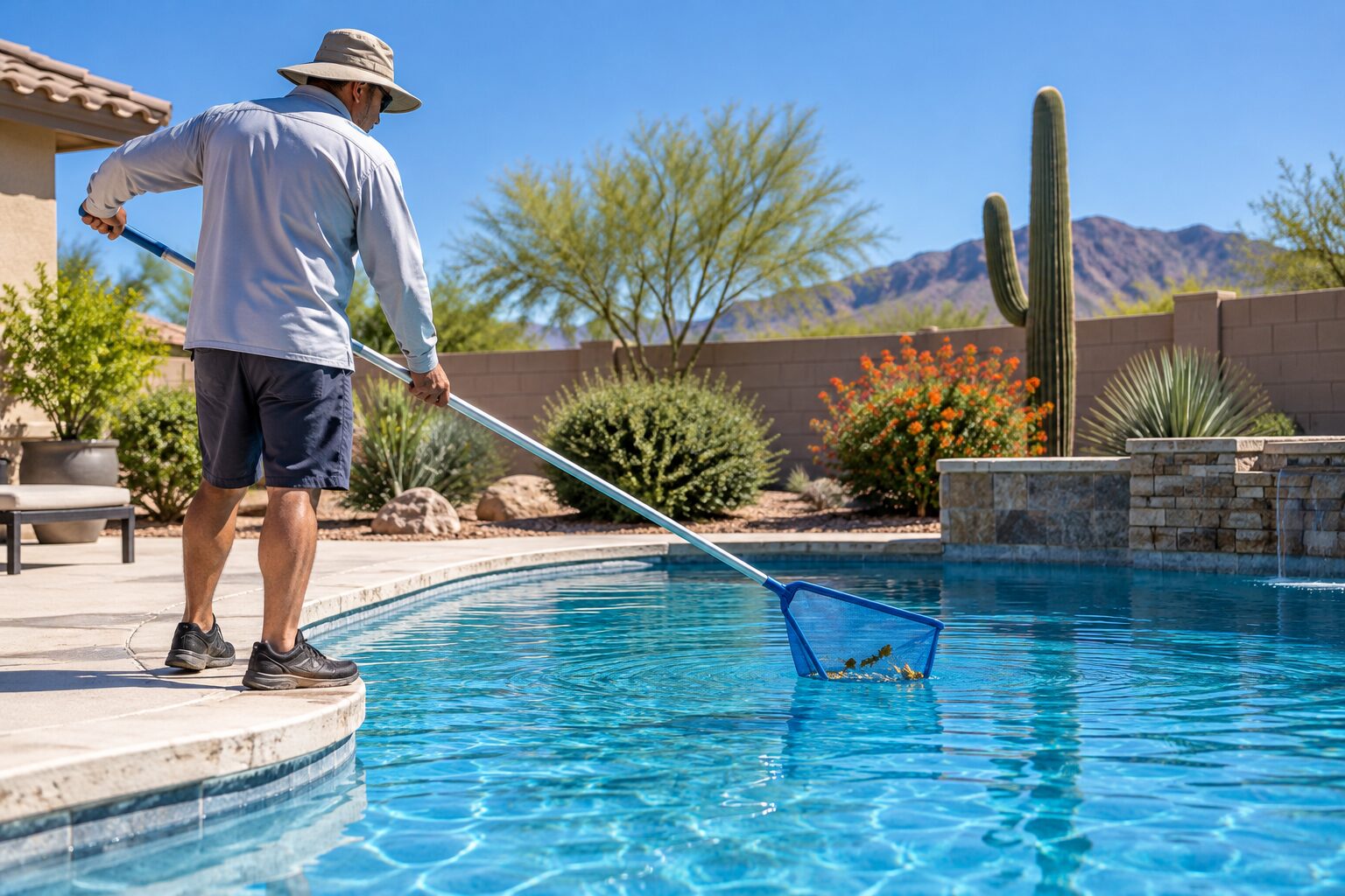A pool technician skimming leaves from a clear backyard pool