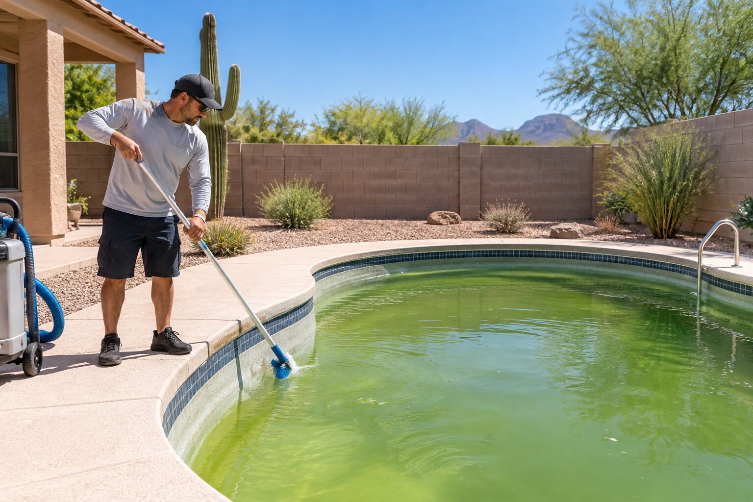 A technician brushing the wall of a green pool during an algae cleanup
