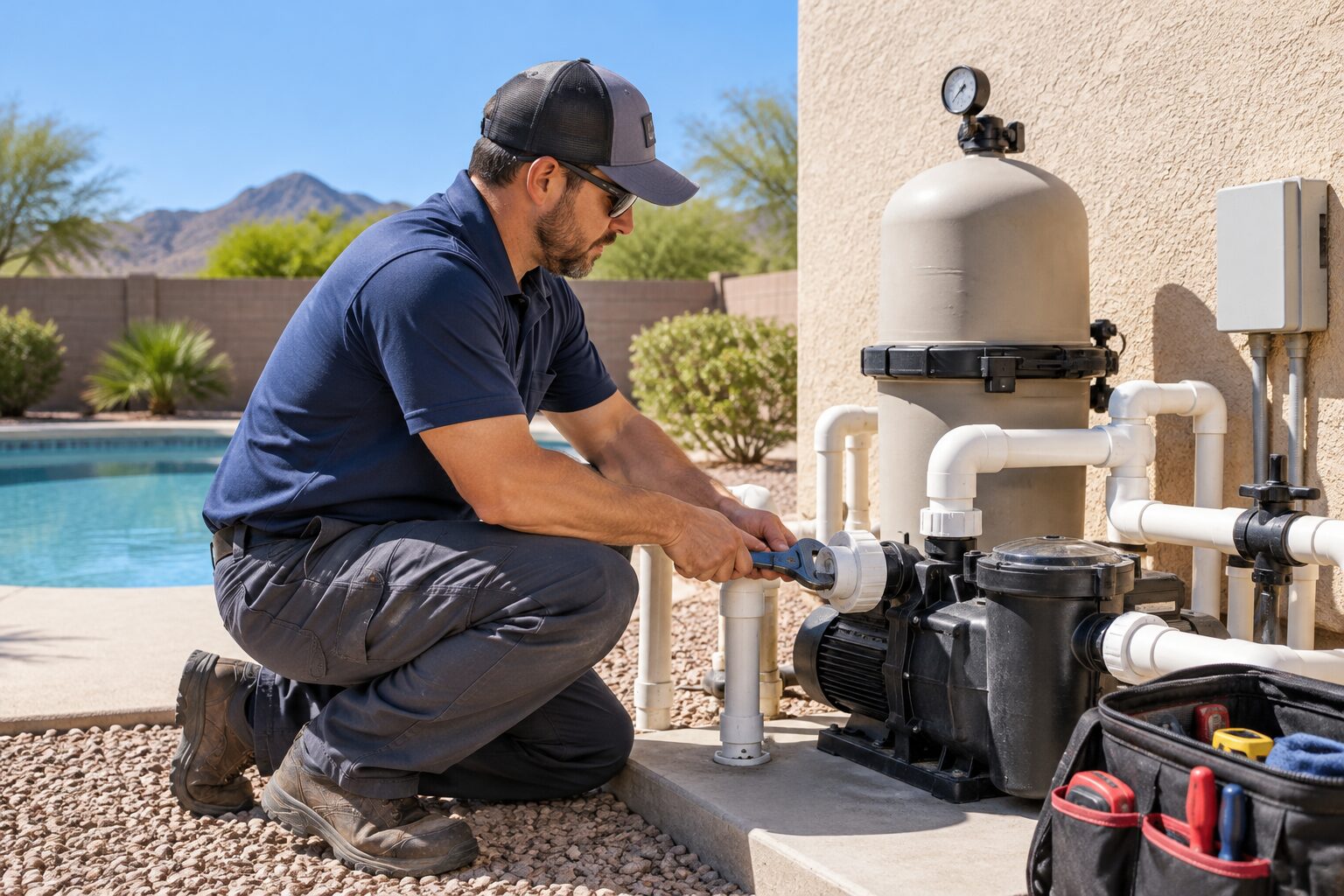 A pool technician tightening a fitting next to the pump at a backyard equipment pad