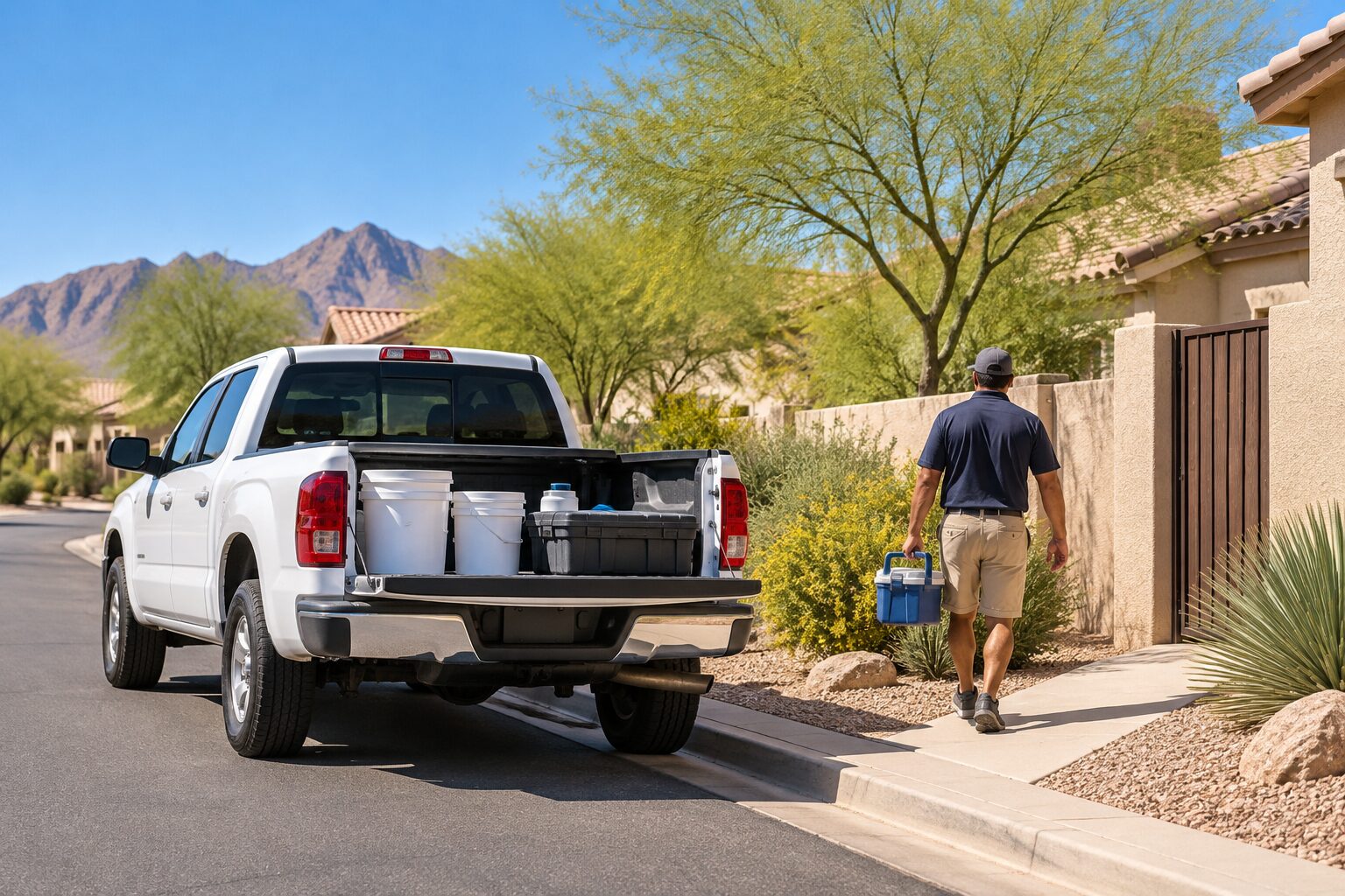 A pool technician carrying a test kit from a white pickup truck to a backyard gate