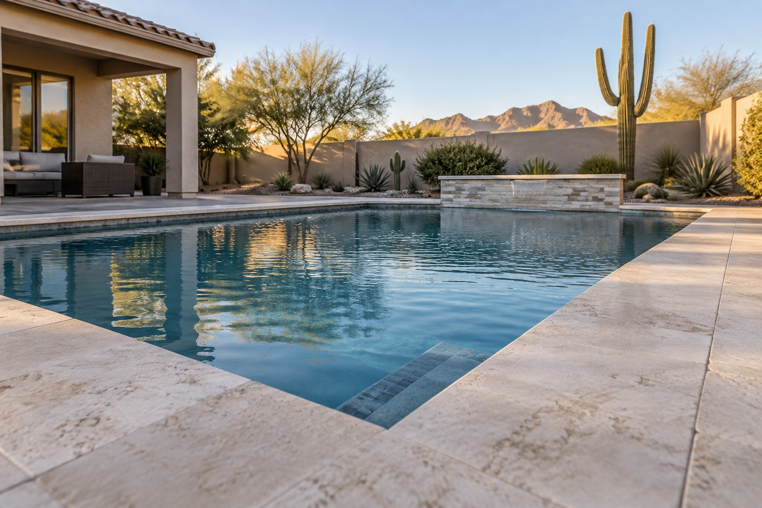 A clean backyard pool with a tidy deck and desert plants